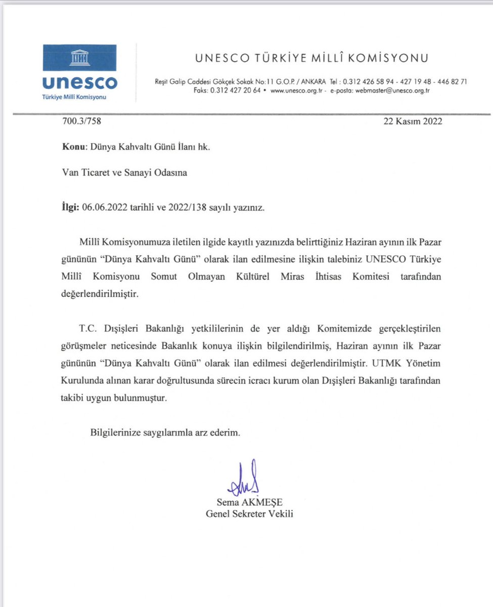 Bu çalışma yeni yönetim kurulumuzun ilk müjdesi olsun:)
“Dünya Kahvaltı günü başvurumuz #Unesco gündeminde!
Süreç Dış İşleri Bakanlığı yetkisinde devam ediyor.
Çok yaşa VanTso, çok yaşa güzel şehrimin güzel insanları:)
Hayırlı olsun…