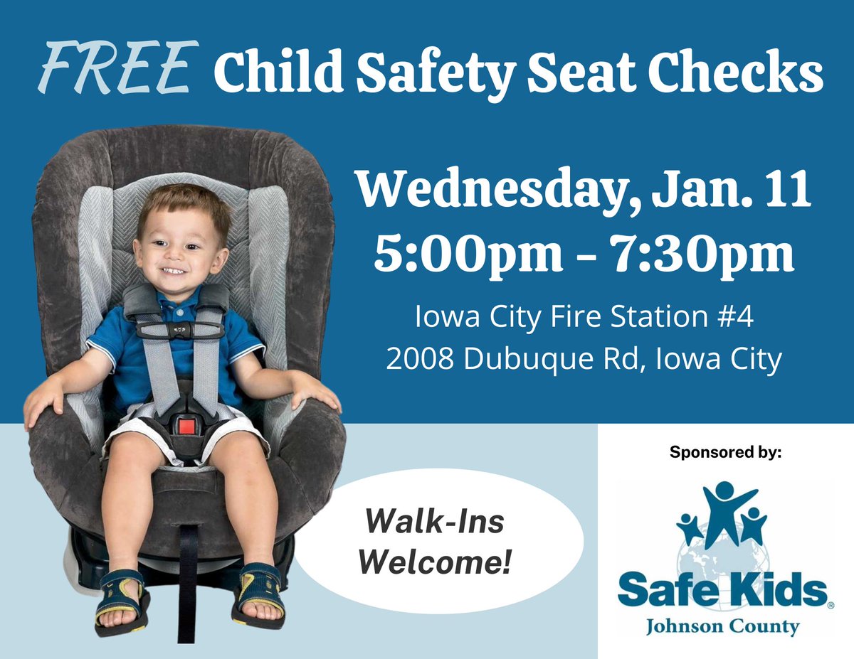 New child safety seat? Between 5-7:30 p.m. Wednesday, Jan. 11, 2023, at Fire Station #4, 2008 Dubuque Road, for a free seat check!
Technicians will ensure your seat is properly installed for your child. Just bring your safety seat, your vehicle, and your kiddo!