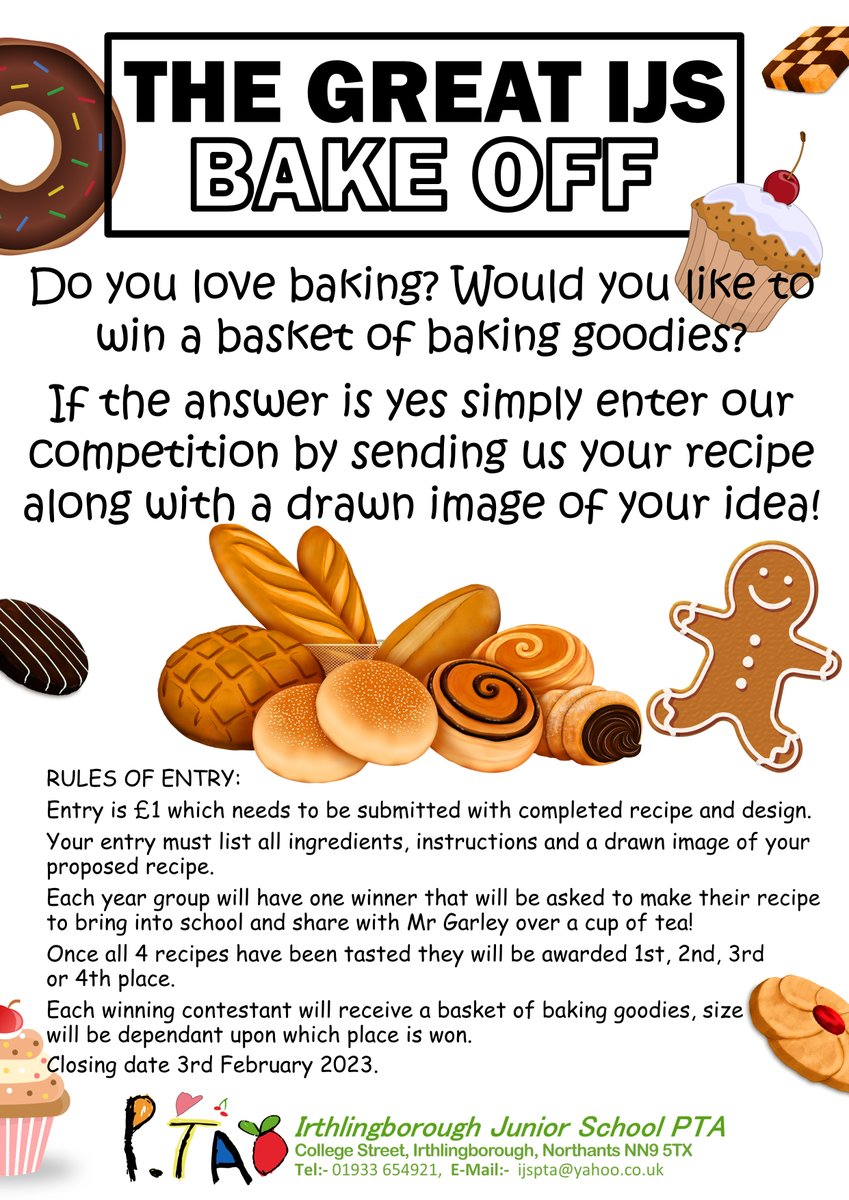 Does your child like to bake? Would they like the chance to win a basket of baking goods? *  If so have a look at the attached flyer for details of The Great IJS Bake Off!  
 #ijs #irthlingborough #ijspta