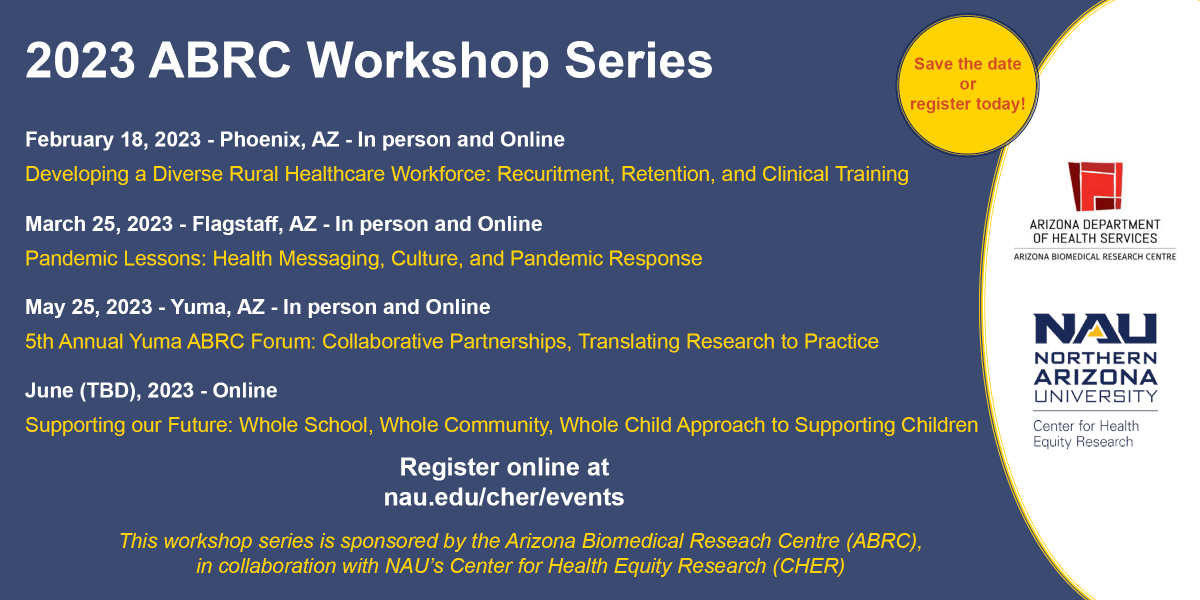 CHERArizona's tweet photo. Register today at https://t.co/Fhao0KVJrJ.
#CHERtheHealth #NAUResearch #healthequity #healthequityresearch #ABRC #NAU https://t.co/RVG3S4hx0E