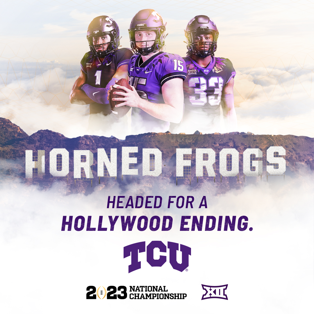 TCU's tweet photo. At the beginning of the season, TCU was seen as that small school in Fort Worth picked to finish 7th in the @Big12Conference. They counted us out, but they didn't factor in our grit, determination, fan support and top-notch coaching. Now let's go win it all! #GoFrogs #NattyFrogs https://t.co/5ZbNYBt7Il