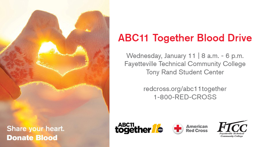 January is National Blood Donor Month! Join @ABC11Together and FTCC on 1/11 from 8a-6p at the Tony Rand Student Center. All who come to give will receive a $20 Amazon.com Gift Card & a long-sleeved T-shirt, while supplies last. Make your appt: redcross.org/abc11together