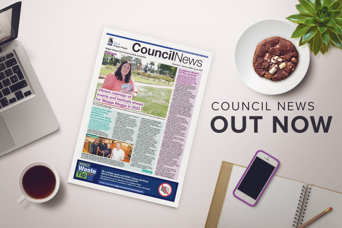 WaggaCouncil's tweet photo. In this week's issue of Council News 🥐☕🍳

🌟 A big calendar of events ahead in 2023🥘🚴‍♂️
🌟 Funding for upgrades at key sporting facilities 🏀🎽
🌟 Summer Art Camp returns to the Gallery + more

Read it now 👉 https://t.co/sez25d2J5y https://t.co/OrpNHiIqTl