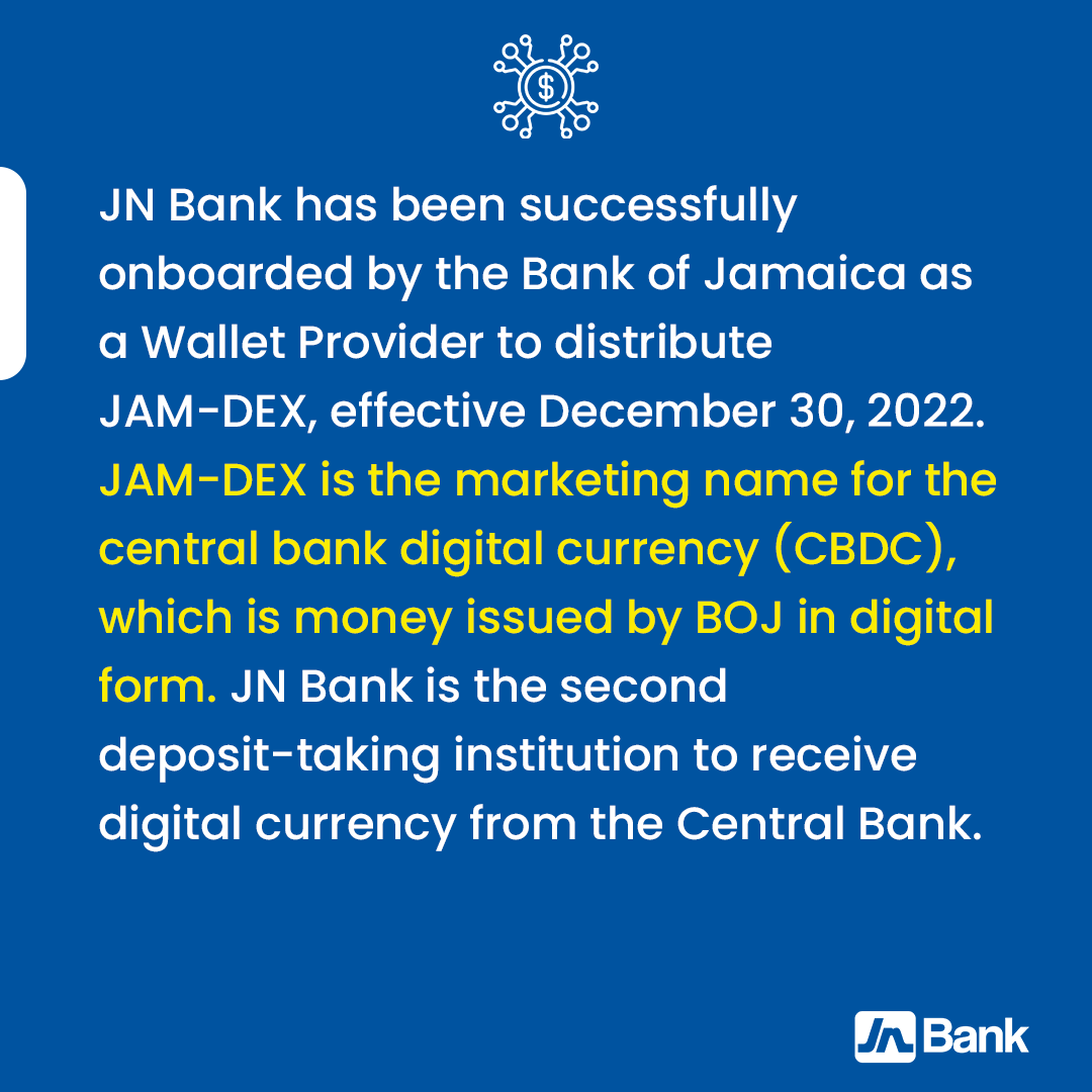 jnbanklimited's tweet photo. We have exciting news! Effective December 30, 2022, #JNBank has been onboarded by the Bank of Jamaica as a Wallet Provider to distribute JAM-DEX! For more information on JAM-DEX, visit https://t.co/Sl577kP97U. 😃

#JAMDEX #CentralBankDigitalCurrency https://t.co/RIh005RZK9