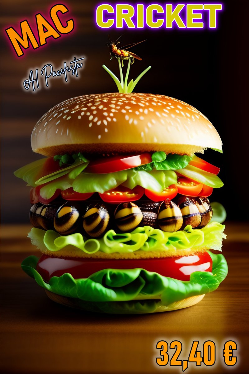 AlPacifista's tweet image. Quanti di voi, rinunceranno a un fantastico
#MacCRICKET, il panino con il grillo in cima.
Le gustosissime larve di insetti, con pomodori ripieni di uova di scarafaggio ed il grillo grigliato sulla punta del finocchio invaso dalle cimici, le trovi solo da #MacBug!