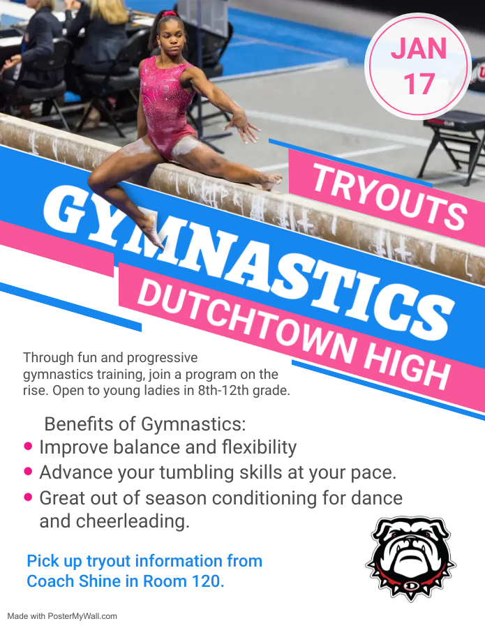 DHS_HCS's tweet photo. If you are interested in joining the DHS gymnastics team, please stop by Ms. Shine's room (120) for more info. Tryouts will begin on Jan. 17th. https://t.co/a9Jmmqn1it