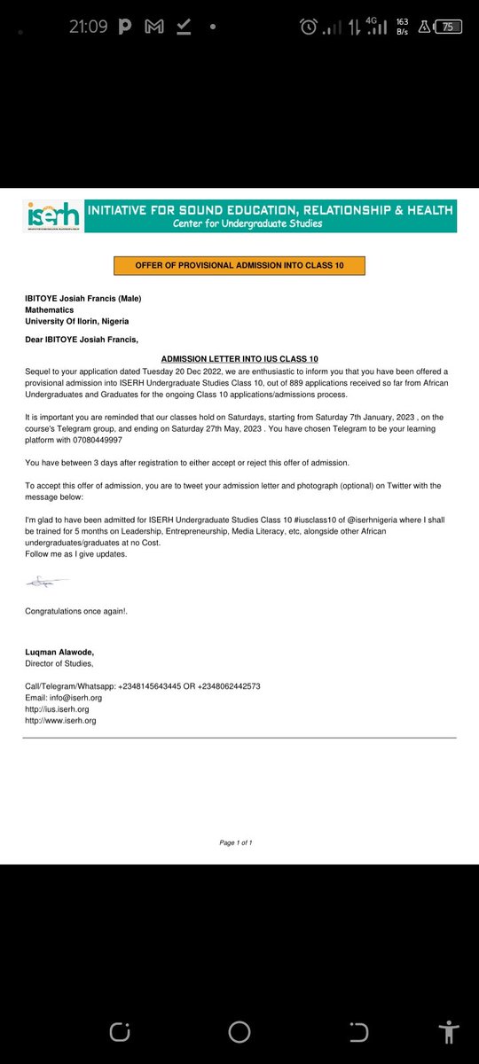 Francisibitoyee's tweet photo. I'm glad to have been admitted for ISERH Undergraduate Studies Class 10 #iusclass10 of @iserhnigeria where I shall be trained for 5 months on Leadership,Entrepreneurship, Media Literacy, etc, alongside other African undergraduates/graduates at no Cost. Follow me as I give update https://t.co/QAUBAjPVzY