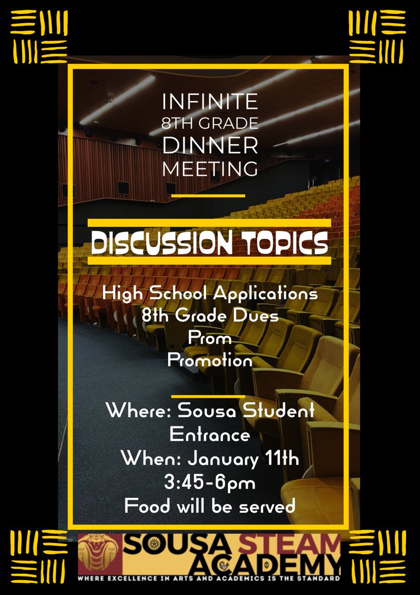 Attention all 8th grade caregivers!!! We will host an 8th grade high school meeting on Wednesday, January 11th from 3:45pm-5pm! During the event, we will discuss prom, promotion, and high school selection. See you on Wednesday!