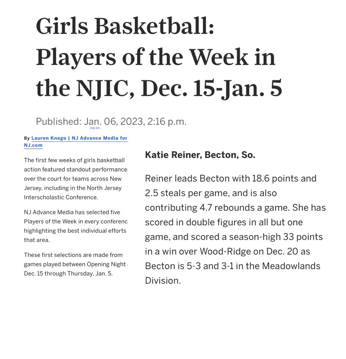Congrats Katie on being named Player of the week for the NJIC….Keep working hard this season🐾🏀🐾 <a href="/BectonAthletics/">Wildcats</a> <a href="/BectonHS/">Becton Regional High School</a> <a href="/MAYWOODSCHOOLS/">Maywood PRIDE</a>