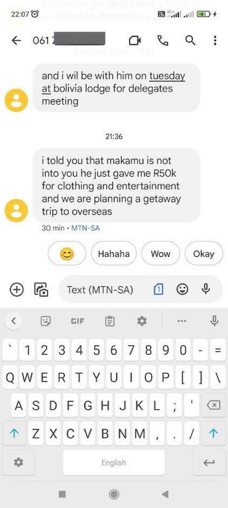 PSAFLIVE's tweet photo. Two nyatsis are fighting over the Limpopo ANC Deputy Secretary Who is also MEC of Corporate Governance Human Settlement and Traditional Affairs. They exchanged messages. One said to the other one he is not into you. He just gave me R50k. https://t.co/Ffp6ezoXw2
