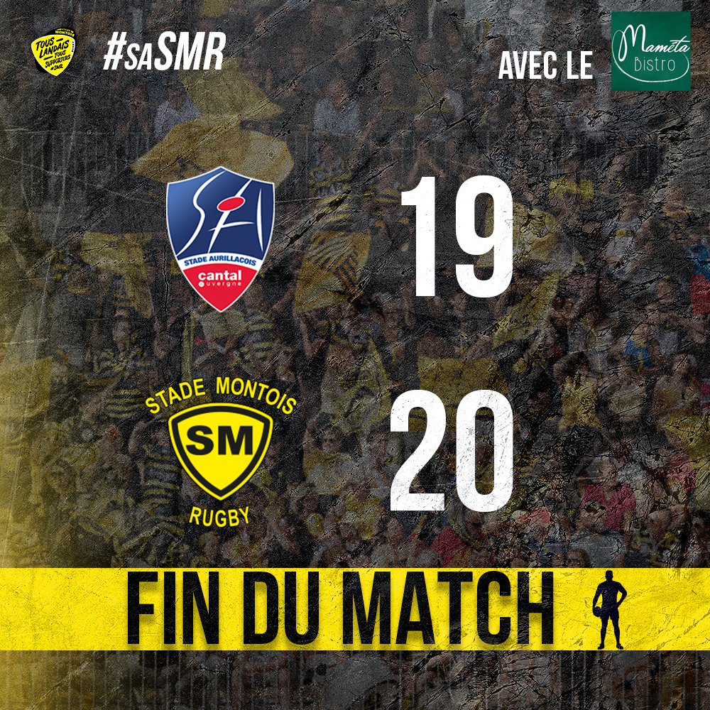 𝐒𝐂𝐎𝐑𝐄 𝐅𝐈𝐍𝐀𝐋

Incroyable ! 
Nos Montois remportent ce premier match de 2023 en renversant les Aurillacois jusque là invaincus à domicile ! 
+ 4⃣ qui les maintiennent en haut du classement ! 

#JauneetNoirsontnoscouleurs
#Icicestlerugbyquinousunit
#ProD2 #rugby #SASMR