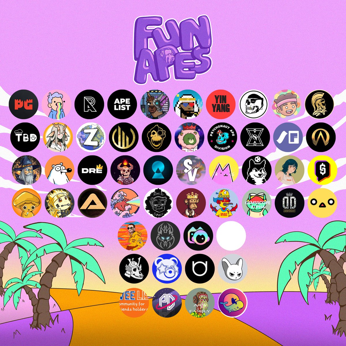 We are not taking any more WL collabs. These are some of the projects we've collaborated with.

The only way to get on the WL now is by catching our attention on Twitter. 

Tweet out memes/fanart, Follow, RT &amp; Interact. The team will hand pick some worthy Apes. 

We see you 🐒