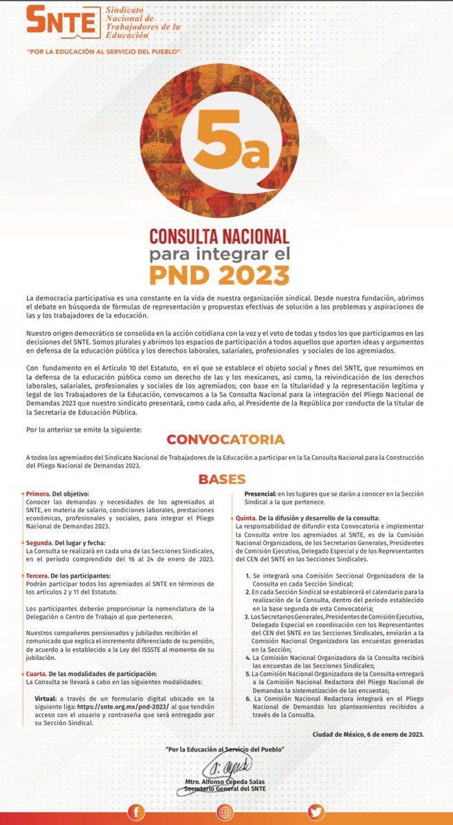 seccion_19's tweet photo. #Convocatoria
🔴 5a Consulta Nacional para la integración del Pliego Nacional de Demandas 2023 que nuestro sindicato presentará, como cada año, al Presidente de la República por conducto de la titular de la Secretaría de Educación Pública.

👉🏻 https://t.co/7Axs5SZdzY https://t.co/ttQsZFQoeP