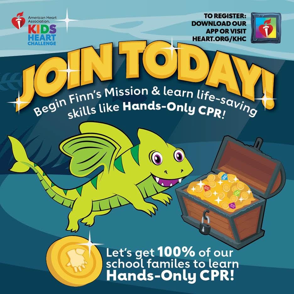 Begin Finn’s Mission and learn live-saving skills like Hands-Only CPR! Our Goal is to raise life-saving funds and for all students to learn and raise awareness. Download the Kids Heart Challenge App or go to heart.org/khc and REGISTER TODAY! #KidsHeartChallenge