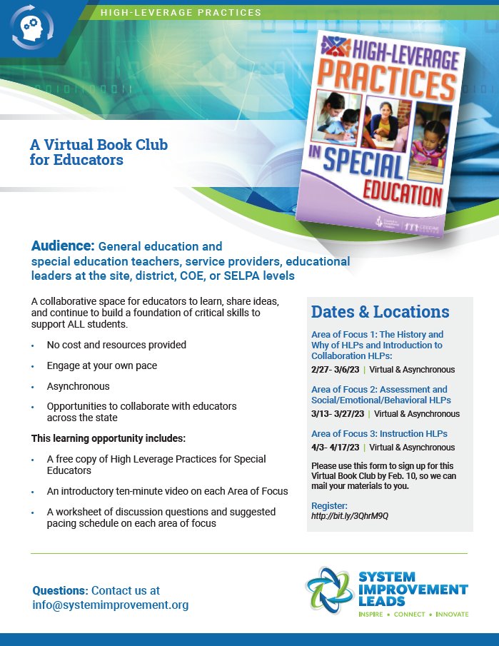 Are you interested in learning about high leverage practices to support ALL students in your classroom? Register today for a no cost virtual book club opportunity to collaborate with other educators from around the state.  Register at bit.ly/3QhrM9Q #SILHLPs