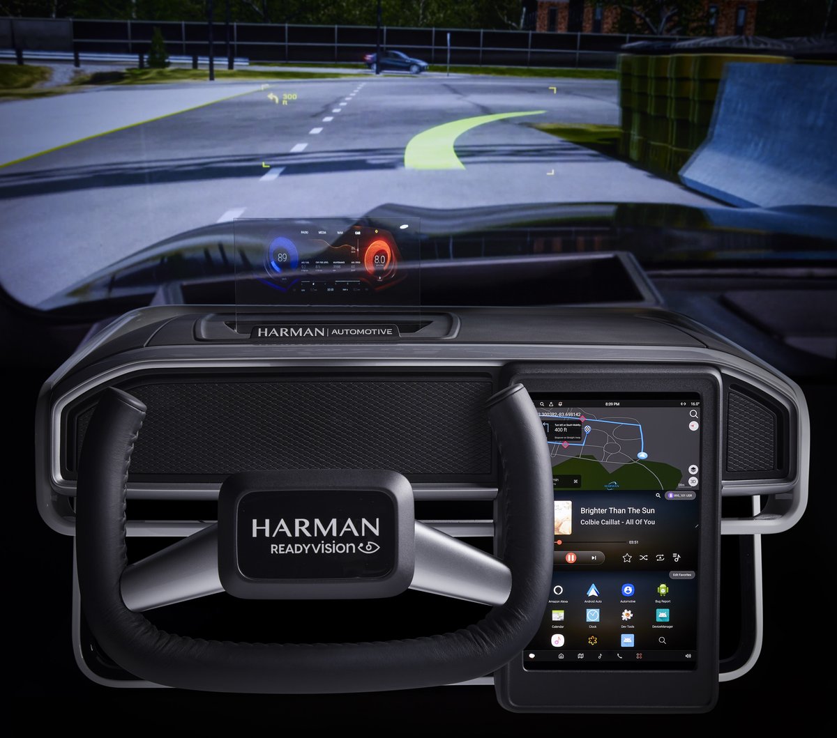 Harman's tweet photo. HARMAN is bridging the physical and digital worlds with Ready Vision, a new AR-powered product that incorporates both audio and visual alerts to empower the driver with critical knowledge at the right time while driving: https://t.co/GJxEXYa7ni #HARMANEXPLORE https://t.co/KzMmBrZFMn