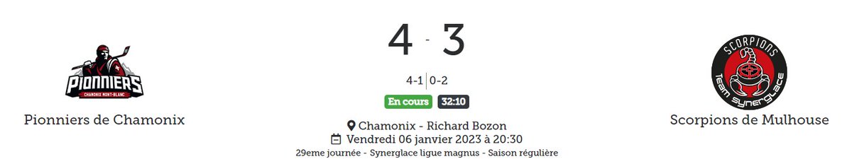 LigueMagnus's tweet photo. Menés 4-0, les @ScorpionsMulho reviennent à 4-3 dans ce T2 sur la patinoire des Chamoniards ! 😳
Et si les Alsaciens réalisaient une incroyable remontée ?!
#SLMHockey #CHAMUL https://t.co/zEmLPkvj70