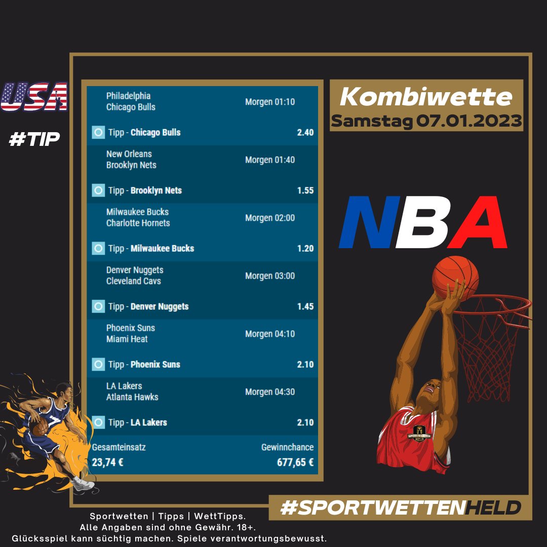 SportwettenHeld's tweet photo. Mein #NBA Tipp für heute Nacht ist fertig!
Auf #sportwetten_de klärst du deinen #Schein.
Viel Glück!
#SportwettenHeld #WettTipps #Bettingtips #tipico #bet365DE #unibet #betway #Sportsbet #bwin  #bet365 #bwin_de #AdmiralBet #Bucks #Lakers #Suns #chicagobulls #BrooklynNets #nuggets https://t.co/6mACQjE9mk