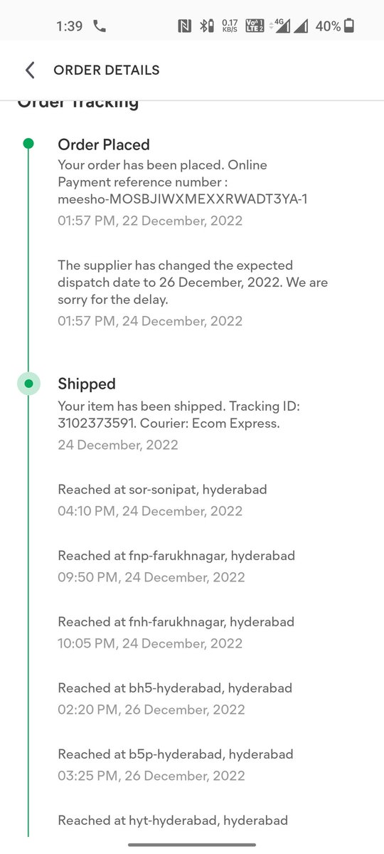 BMahapatra10's tweet photo. Dear @meesho_support &amp; @EcomExpress_Ofc your team doing the great services to the customer. Oder placed on 22 Dec &amp; Expected date was 3rd Jan that also over but still there is no update from last 27 Dec.
Order ID 286770160034_1
#Meesho
#meesho_Froud
#Meeshobycott https://t.co/TF5JRDrKMw