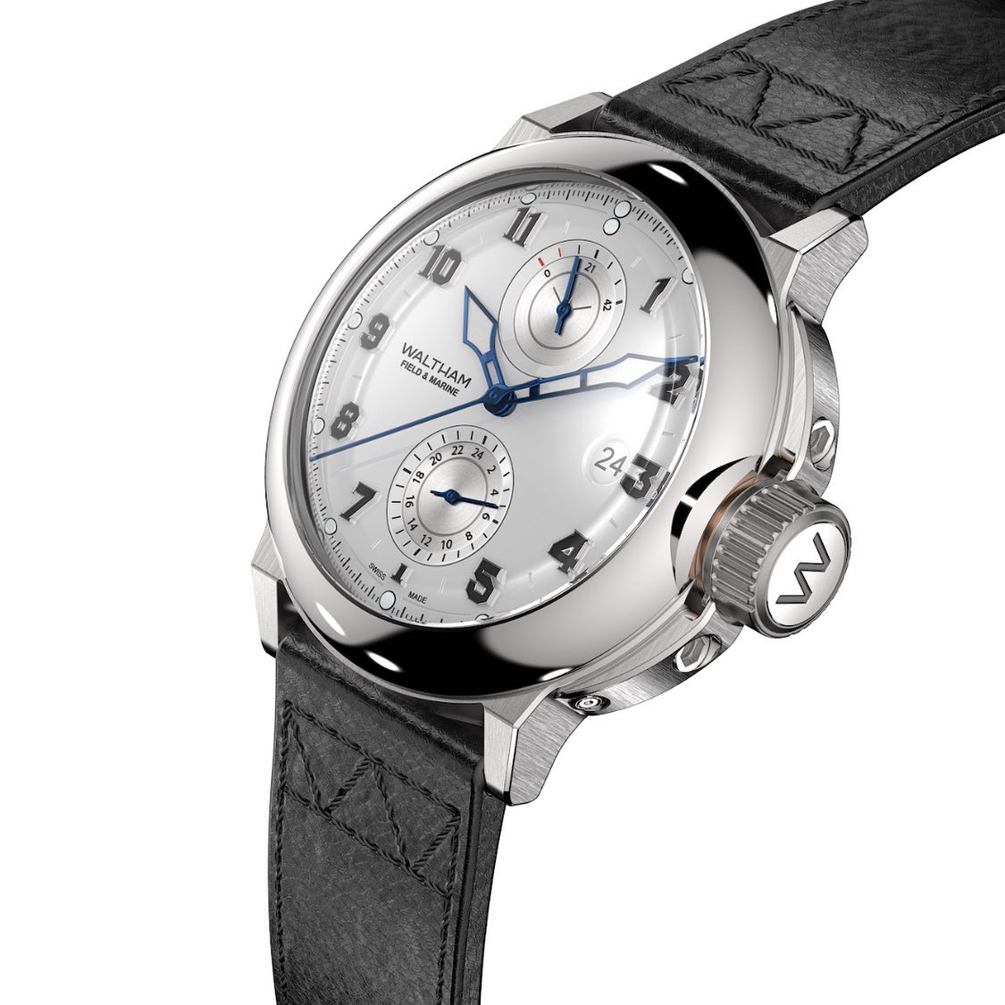 WalthamOfficial's tweet photo. The most elegant of the Waltham Field & Marines. Silvered opaline dial and blue breguet hands in reservation now @watchangels
The beauty of the blue sunburst finish on the Waltham Field & Marine dual time. #waltham #walthamwatches #walthamback #officerwatch #officer #trenchwatch https://t.co/dqNKr2Pbmp