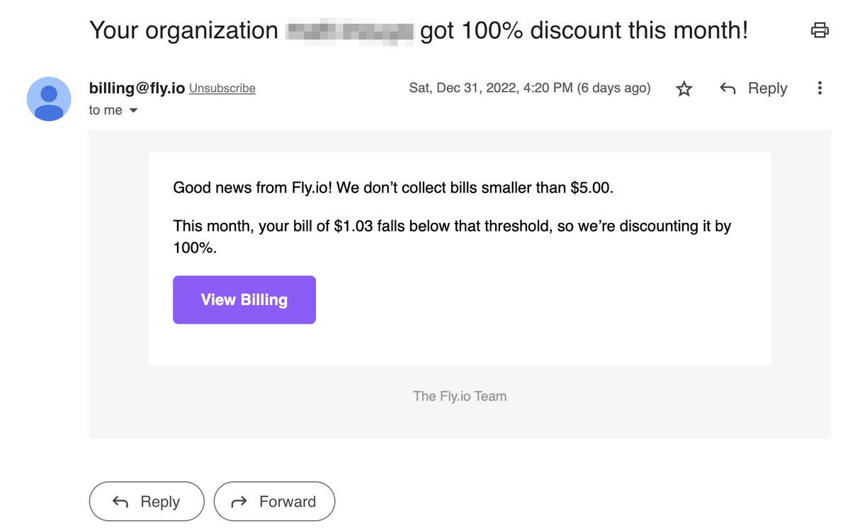 These two emails from <a href="/flydotio/">Fly.io</a> and <a href="/heroku/">Heroku</a> tell you a lot about the respective company arcs.

Fly: We want to delight you.
Heroku: You owe us.
