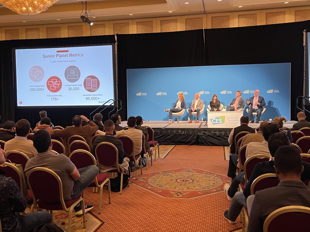OlderAdultsTech's tweet image. OATS Executive Director @thomaskamber (far right) joined other tech executive leaders from @StoryTech,@VictoryXR, @rnchidakashitec and @pewinternet for a panel discussion at #CES2023 on Technology: The Third Parent. 
#TechnologyForGood
