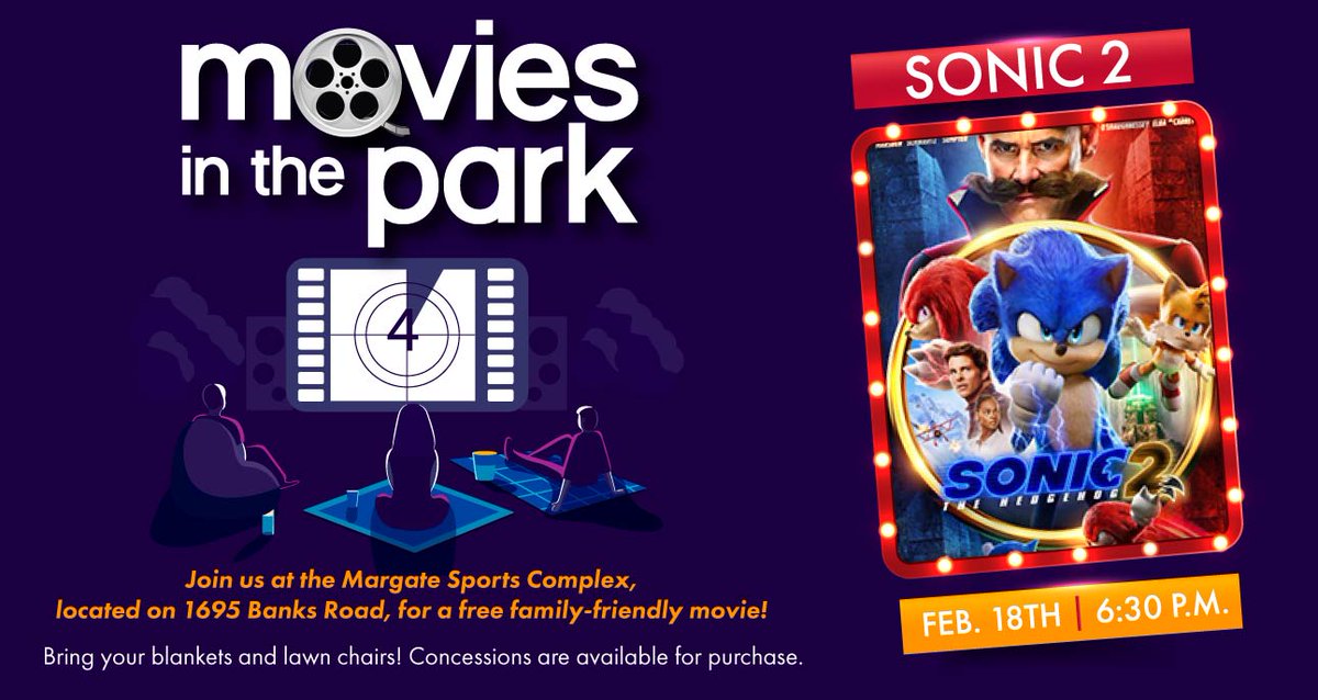 Join us at #OurMargate's Sports Complex on Sat. Feb 18, 6:30pm for Movies in the Park, featuring Sonic the Hedgehog 2. Bring your blankets and lawn chairs for this fun, free movie. See you at the movies! https://t.co/LMRaC6153z