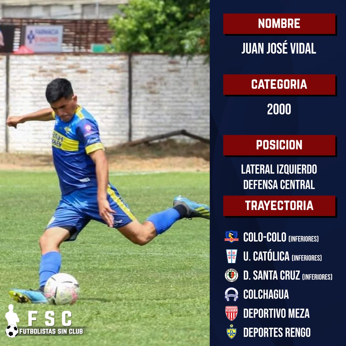 FSC_Chile's tweet photo. FUTBOLISTA BUSCA CLUB 📣

Nombre: Juan José Vidal
Edad: 22 años

Características
• Estatura: 1,75m
• Peso: 72kg
• Pierna hábil: Izquierda

El jugador recientemente ascendió al fútbol profesional con Deportes Rengo.

CONTÁCTANOS SI QUIERES CONTAR CON EL JUGADOR 📩 https://t.co/njINOcwKyD