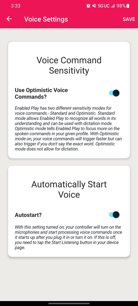 Cephable's tweet photo. ๐Can you hear me?
New voice settings for #EnabledPlay controllers!
โ
๏ธ Automatically start voice commands when you plug your controller in
โ
๏ธ Never miss another command - use optimistic mode to tell your controller to guess the command you're saying faster. https://t.co/uBDkaYLdFe
