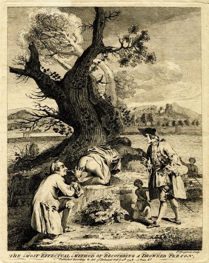 UtterlyInterest's tweet photo. Before CPR there was... blowing tobacco smoke up the bum. One of the recommended procedures for resuscitating "persons apparently dead from drowning", from a 1787 booklet by the Humane Society. https://t.co/7nbCVRsNPN