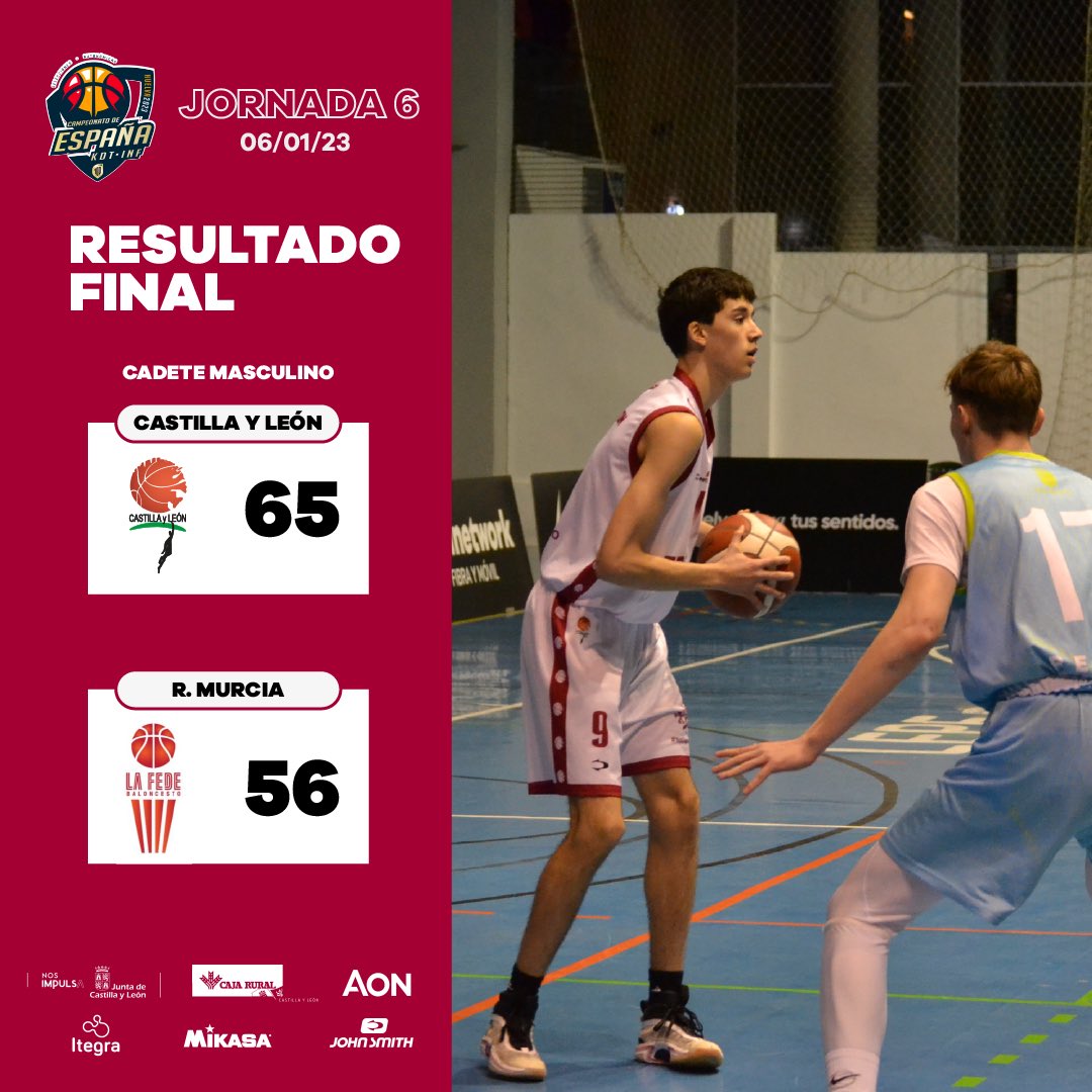 FBCyL's tweet photo. Jornada 6 | Resultado #KDTINF2023 🏀
#KDTMAS CyL 6️⃣5️⃣
🆚
@FBRegionMurcia 5️⃣6️⃣
¡Victoria de los cadetes! Y se hacen con el 11º puesto del #CESA2023 🙌🏼
¡Gran trabajo chicos! 👏🏼 https://t.co/aW1hQniK11