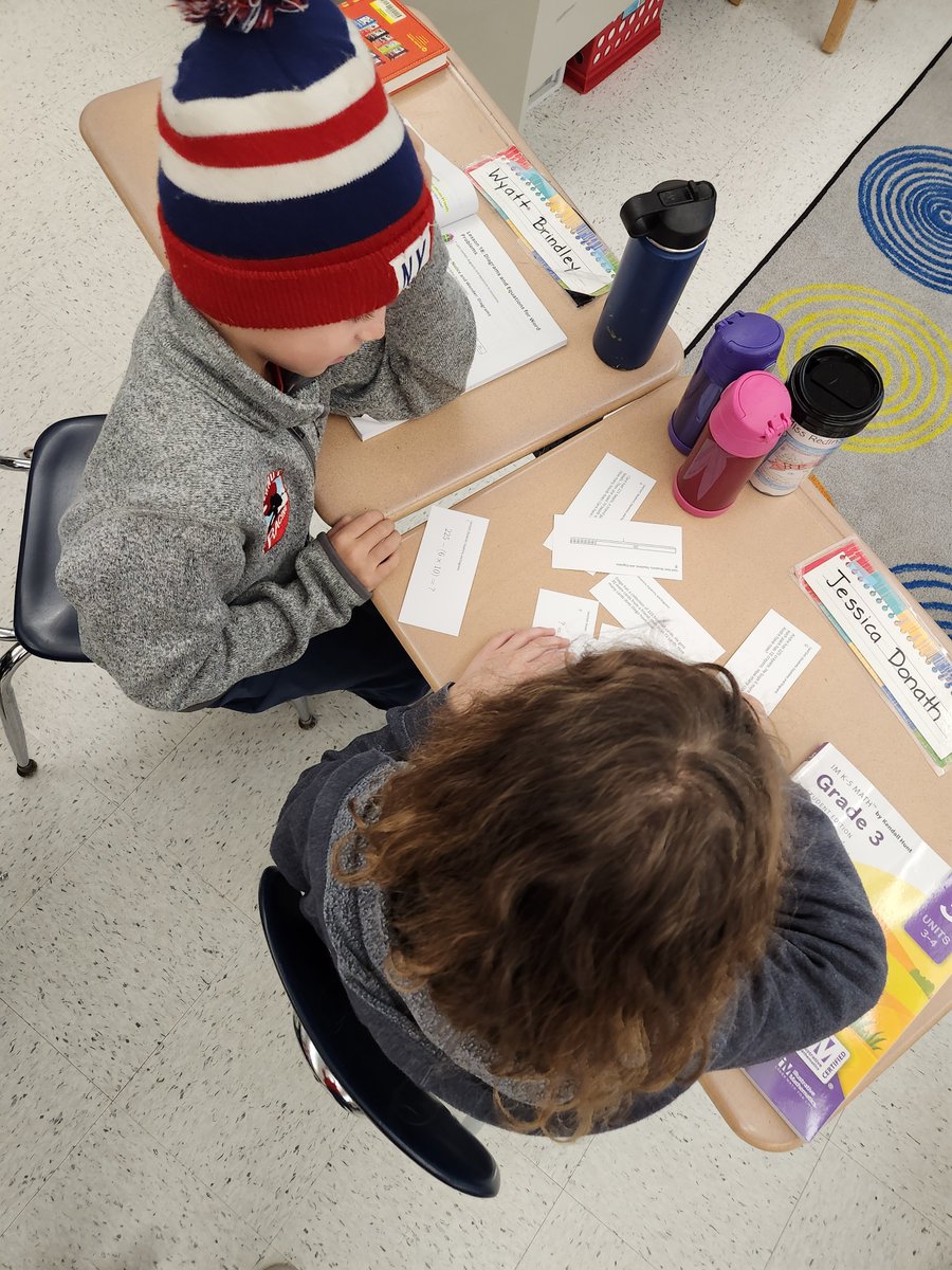 HeatherRedin's tweet photo. Kids did a great job matching these multistep word problems to their equations! I love hearing all this math talk in my room! #wiltonwayct #wpscmsocial @IllustrateMath https://t.co/4SjE96g3qK