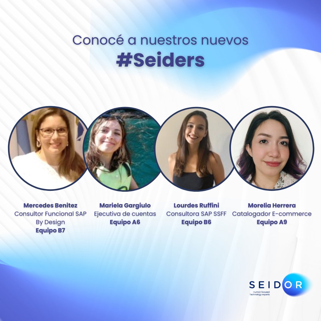 ¡En SEIDOR seguimos creciendo! 

Hoy le damos la bienvenida a Mercedes Benítez, Mariela Gargiulo, Lourdes Ruffini, y Morelia Herrera, quienes se sumaron al equipo en el mes de Diciembre.

¡Bienvenidas! 👏🏻💙

#SEIDORArgentina #HumanFocusedTecnologyExperts