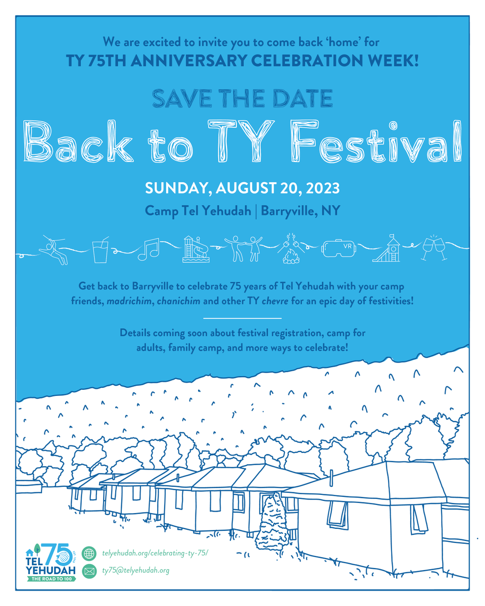 TelYehudah's tweet photo. YOU'RE INVITED!!  
Come home to TY this August for our 75th Anniversary Celebration Week! Help us culminate our year-long festivities with a week of fun and connection with our TY family!
Let us know how you want to celebrate at https://t.co/vGHyy0MhZW https://t.co/4fxqbmp0I2