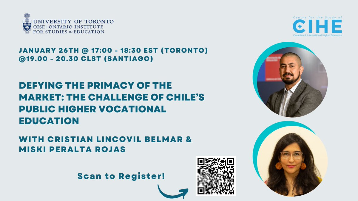 ⏰ We are excited to announce the rescheduled date for <a href="/cmlincovil/">Cristian M. Lincovil Belmar</a> and <a href="/miskiperaltagm1/">Miski Peralta Rojas</a>’s seminar on the challenges of Chile’s Public Higher Vocational Education on Thursday, January 26th at 5pm EST. Register now for this virtual seminar: bit.ly/3Xajfrv