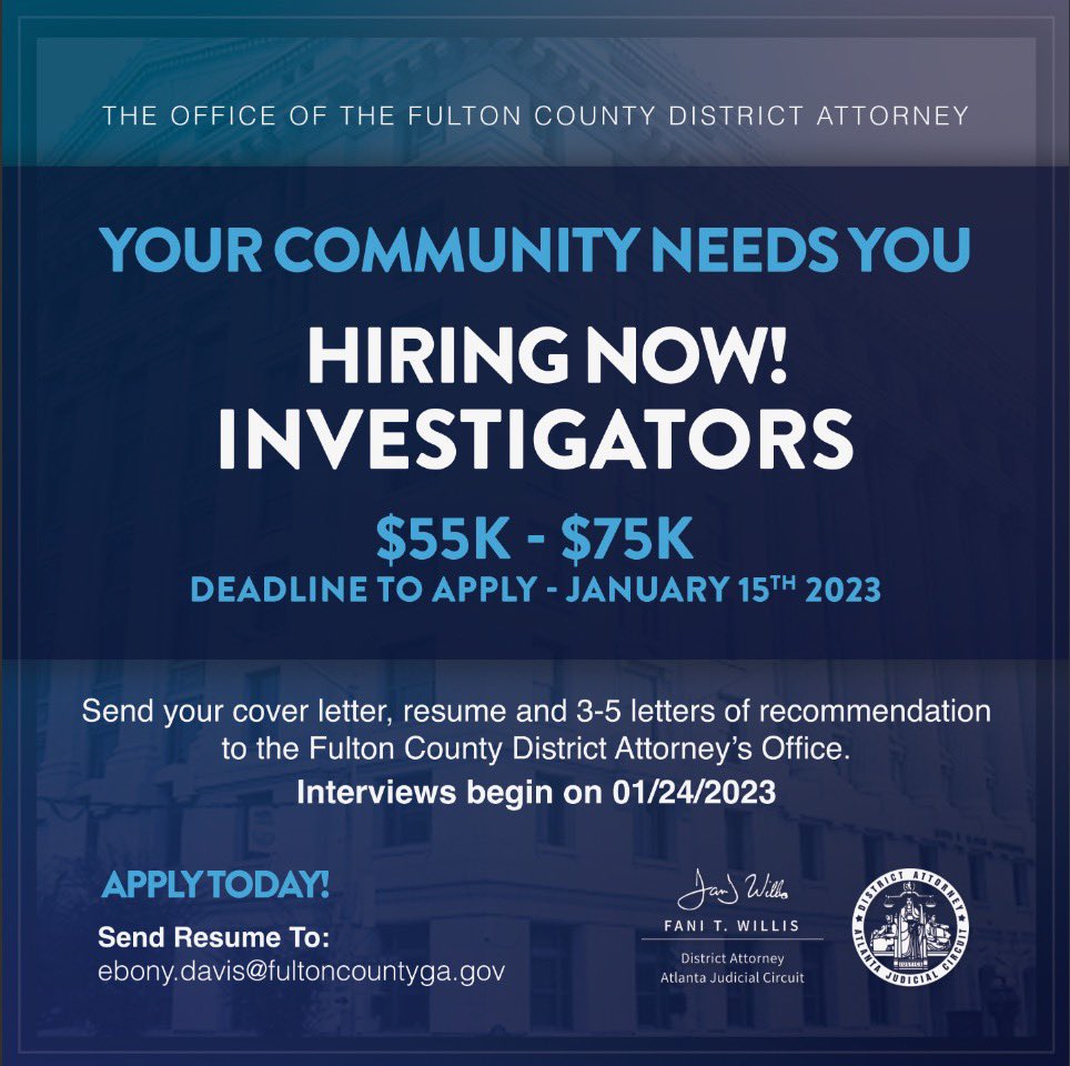 FultonCountyDA's tweet photo. Join our growing team today! Send your cover letter, resume, and letters of recommendation to Ebony.Davis@fultoncountyga.gov by 1/15/23.
#FultonCounty #FultonCountyDA #FCDA #IntegrityMatters #FirstWomanDA #ANewDAy https://t.co/P78vsuESyO