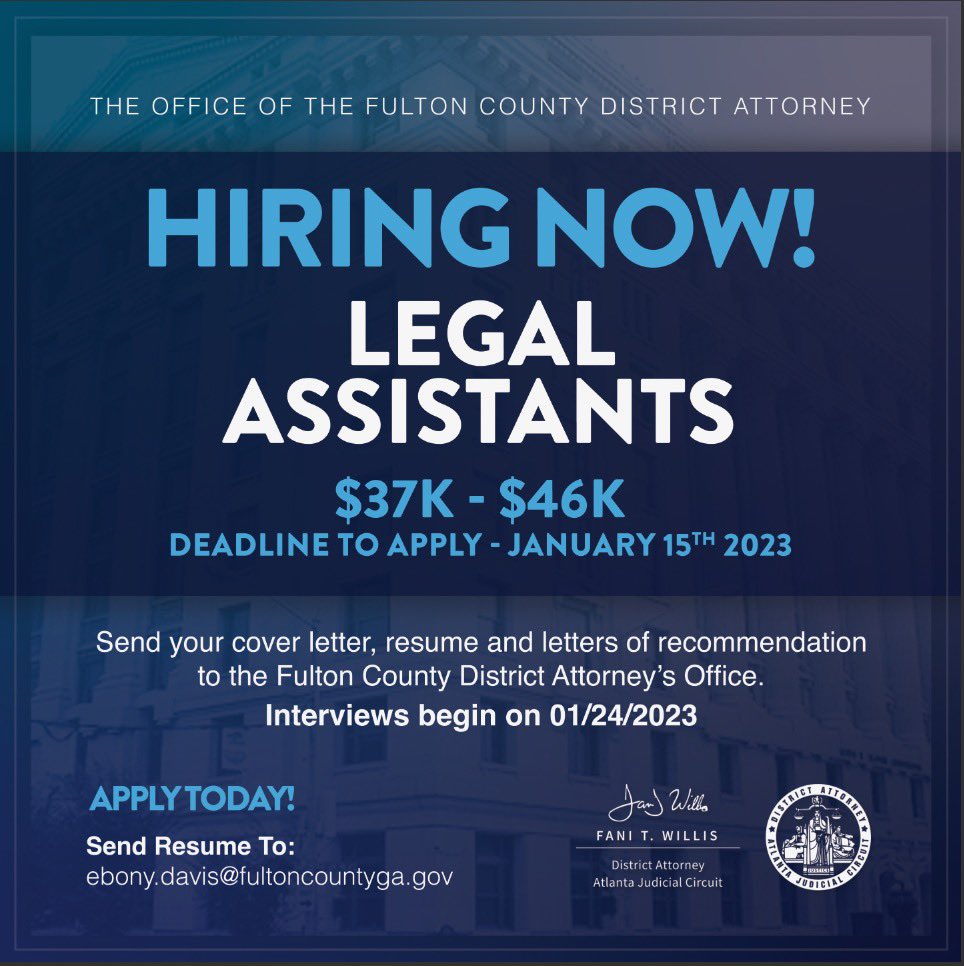 FultonCountyDA's tweet photo. Join our growing team today! Send your cover letter, resume, and letters of recommendation to Ebony.Davis@fultoncountyga.gov by 1/15/23.
#FultonCounty #FultonCountyDA #FCDA #IntegrityMatters #FirstWomanDA #ANewDAy https://t.co/P78vsuESyO