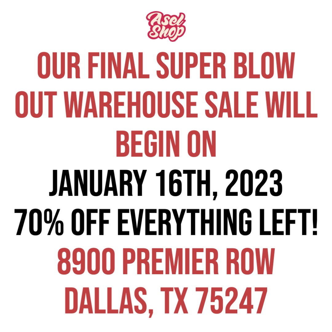 70% OFF
Jan 16th- Feb 20th
We are opening our doors here at the warehouse. We still have canvases and pads of all sizes, graphite, paint, pastels and lots more. Come by, say goodbye and stock up at 70% off :)
Monday-Friday: 10AM- 3:30PM
8900 Premier Row Dallas, TX 75247