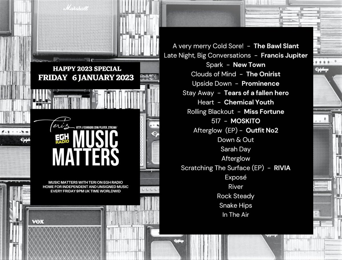 MusicMatters_T's tweet photo. #TuneIn @EGHRadio #MusicMatters right now!
#ListenHere⇨https://t.co/oUmVSisElC
#NowPlaying great new music from-
@bawl_the
@AguyfromJUPITER
@newtownek_
#TheOnirist
#Prominence
#TearsOfAFallenHero
Enjoy! ...more to come
#Happy2023Special✨ #NewMusicAlert https://t.co/W0vZ9rjGjs