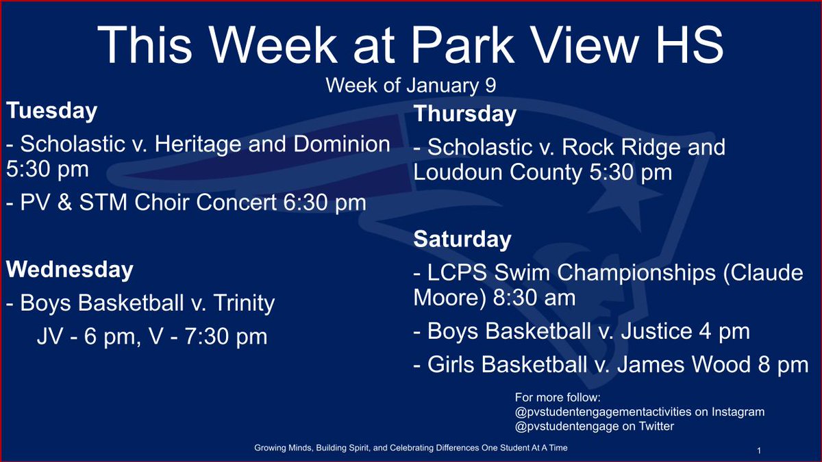 PVStudentEngage's tweet photo. Hope to see you at @Park_View_HS this week!! #GoPatriotsGo https://t.co/YP6KuOX7KT