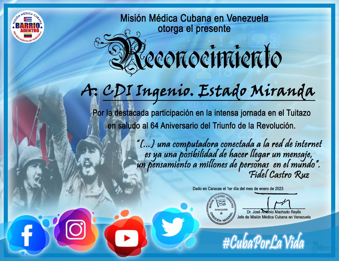 cubacooperaven's tweet photo. El Dr. José Antonio Machado Reyes Jefe de la MMCVEN, otorga reconocimiento al (CDI) Ingenio, estado #Miranda por su destacada participación en la intensa jornada en saludo al 64 aniversario del triunfo de la Revolución Cubana.

#CubaCoopera #JuntarYVencer

@JosAnto54744901 https://t.co/Q8AXgoYTWQ