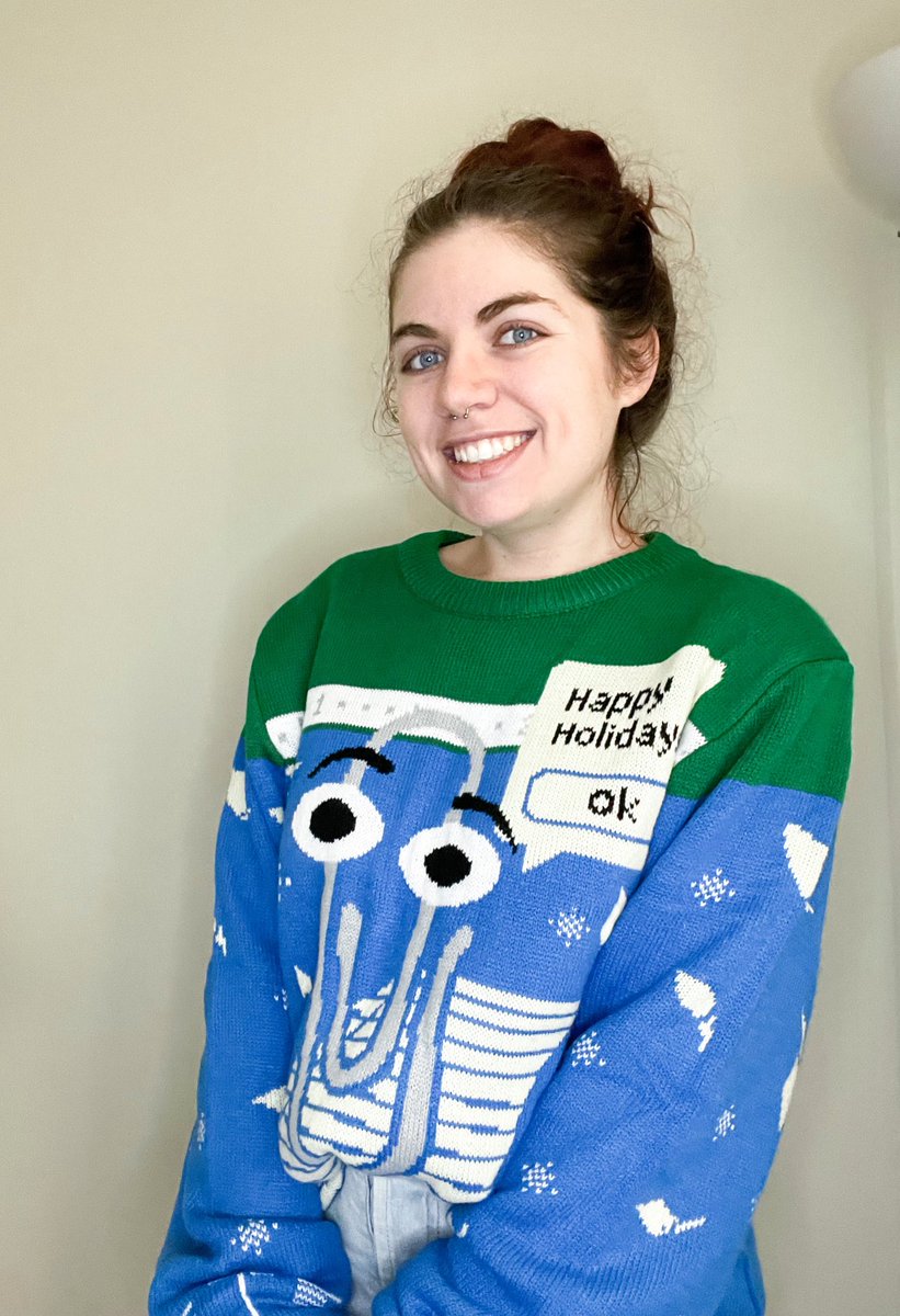 LeahTCodes's tweet photo. Happy Friday from me and my new Clippy sweater!
The biggest of thanks to @Windows for sending it to me πποΈ #WindowsUglySweater #bringclippyback https://t.co/s7odj7hUJ9