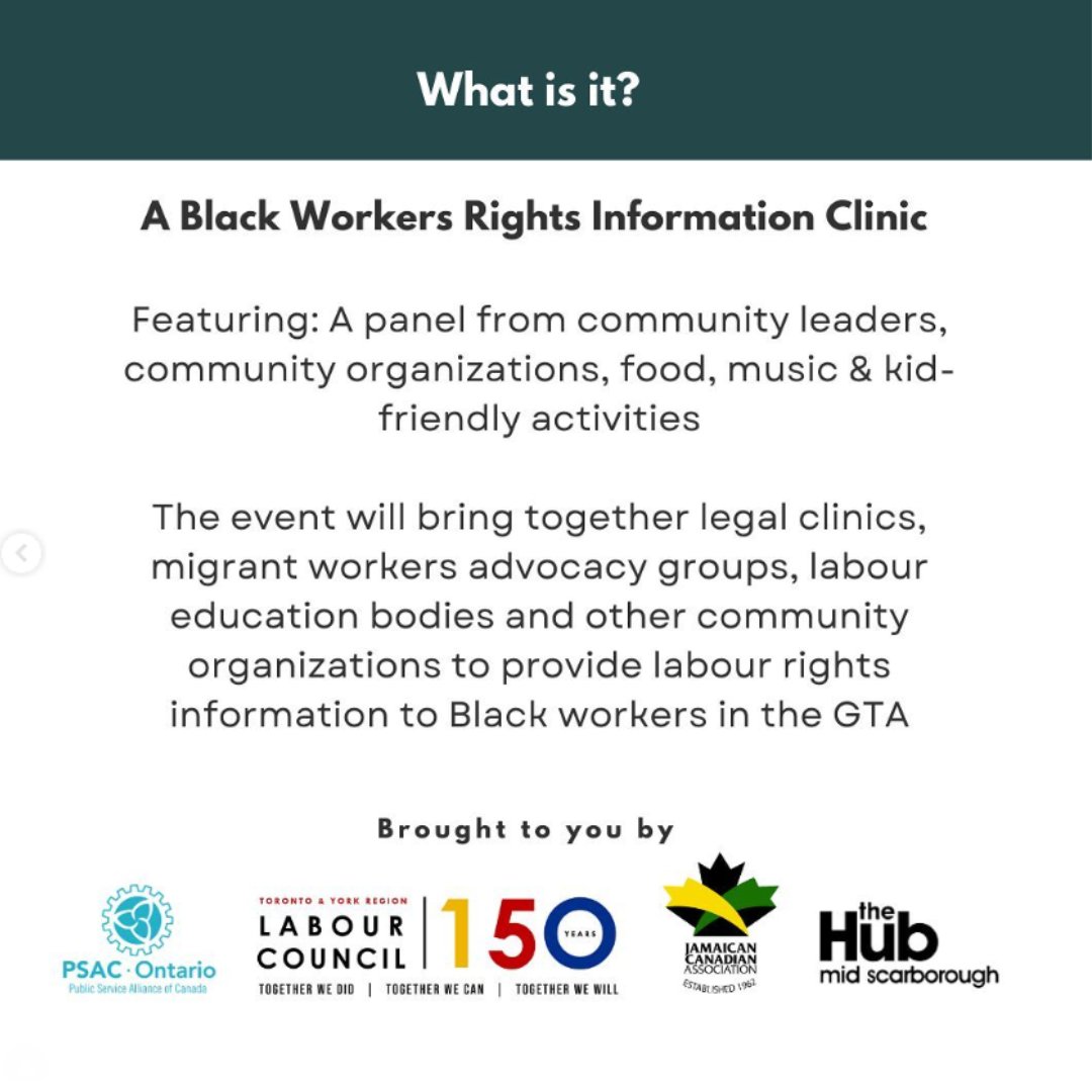 torontolabour's tweet photo. Another event is happening at the Scarborough Hub on Feb 18! #TYRLC is glad to be the co-host! Learn Your Rights is continuing to advocate & support Black workers through another Black worker's rights information clinic. 📢Save the date and visit https://t.co/dKvOLxdfRL to RSVP! https://t.co/yJGn6sSuDC