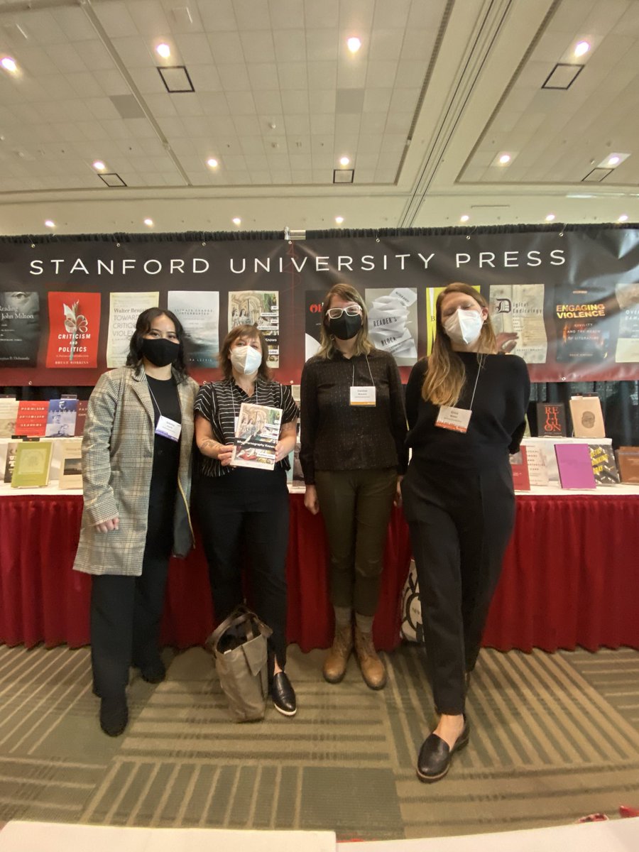 kathylubey's tweet image. in-person celebrations with my editorial and marketing team at the @stanfordpress exhibit at #MLA2023. did my jumping up and down embarrass anyone? 🤷‍♀️