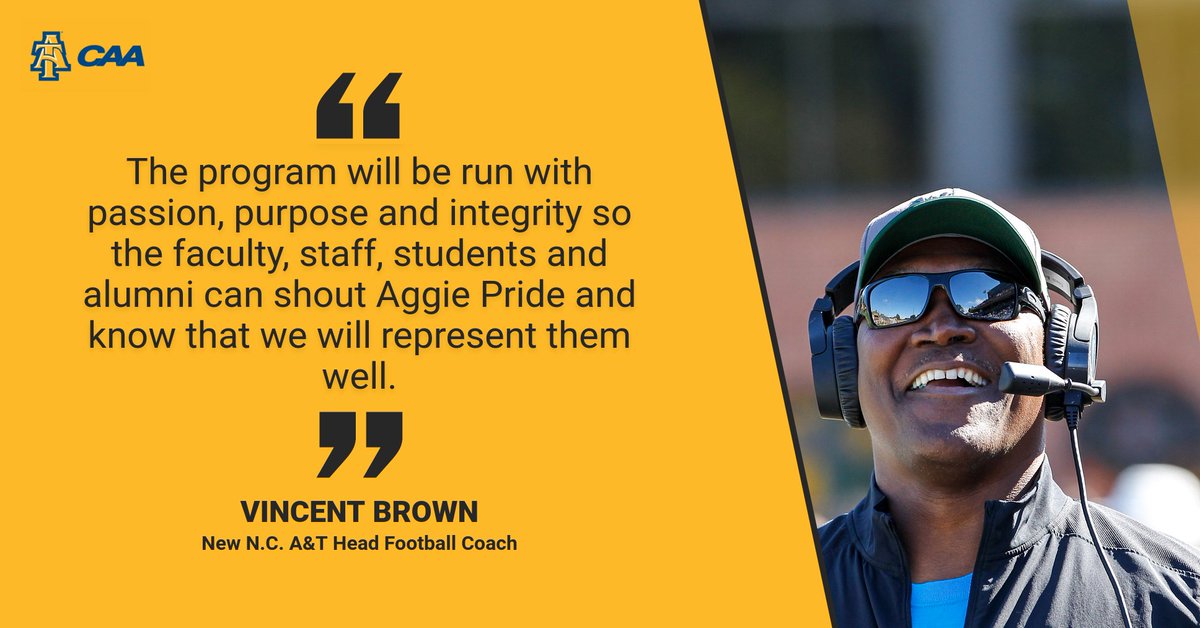 NCATAGGIES's tweet image. Congratulations to @CoachVBrown59 on his appointment as the next head football coach for @NCATFootball! #AggiePride 

His introductory press conference will be 1 p.m., Monday, on Facebook Live/ncatathletics. @CAASports @NCATAGGIES @ncatsuaggies
