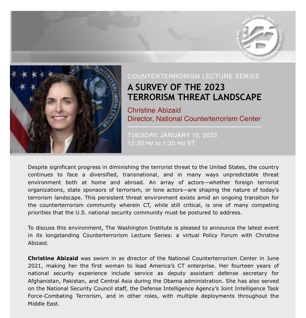 Got questions about the terrorist threat in 2023?  Join me Jan 10 for a conversation + Q&amp;A with NCTC Director Christine Abizaid ⁦<a href="/ODNIgov/">Office of the DNI</a>⁩.  Livestream ⁦<a href="/WashInstitute/">Washington Institute</a>⁩