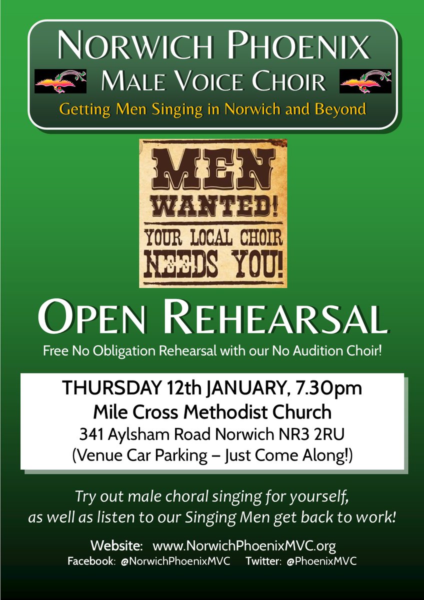 PhoenixMVC's tweet photo. Gents! We #GetMenSinging! Don't forget our #Open #Rehearsal Thursday 12th January 2023, 7.30pm, Mile Cross Methodist Church, 341 Aylsham Road, Norwich NR3 2RU. New Year, New Hobby?  #SingingIsGoodForYou Come and see if we are for you! https://t.co/pLs2rGQZnc
