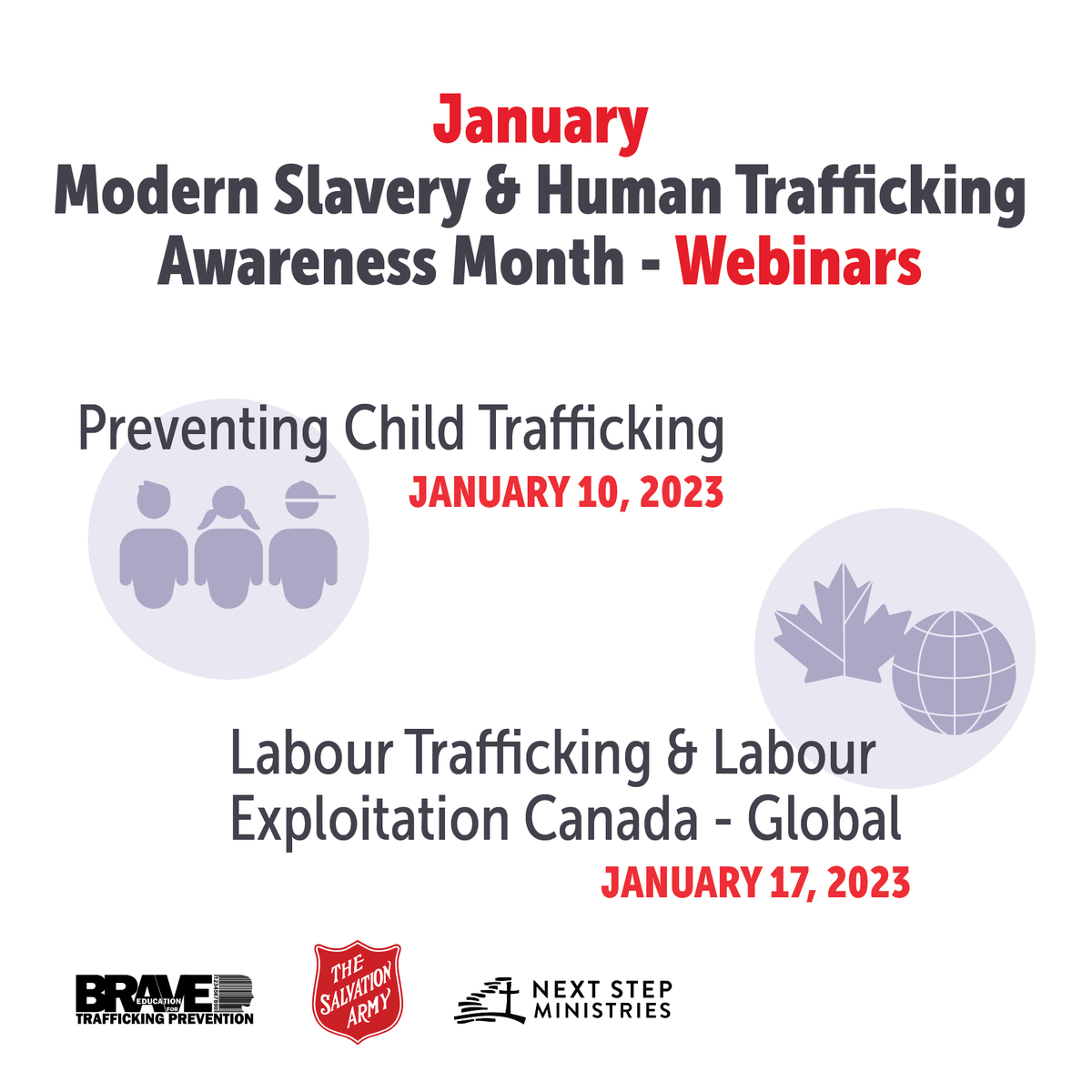 tsacalgary's tweet image. January is Modern Slavery and Human Trafficking Awareness Month

Join our webinars this month to learn about child trafficking and labour exploitation in Canada and worldwide.

Stand up, so it’s not in my community—not in my country! #NotHere

Learn more: Salvationist.ca/not_here_movem…