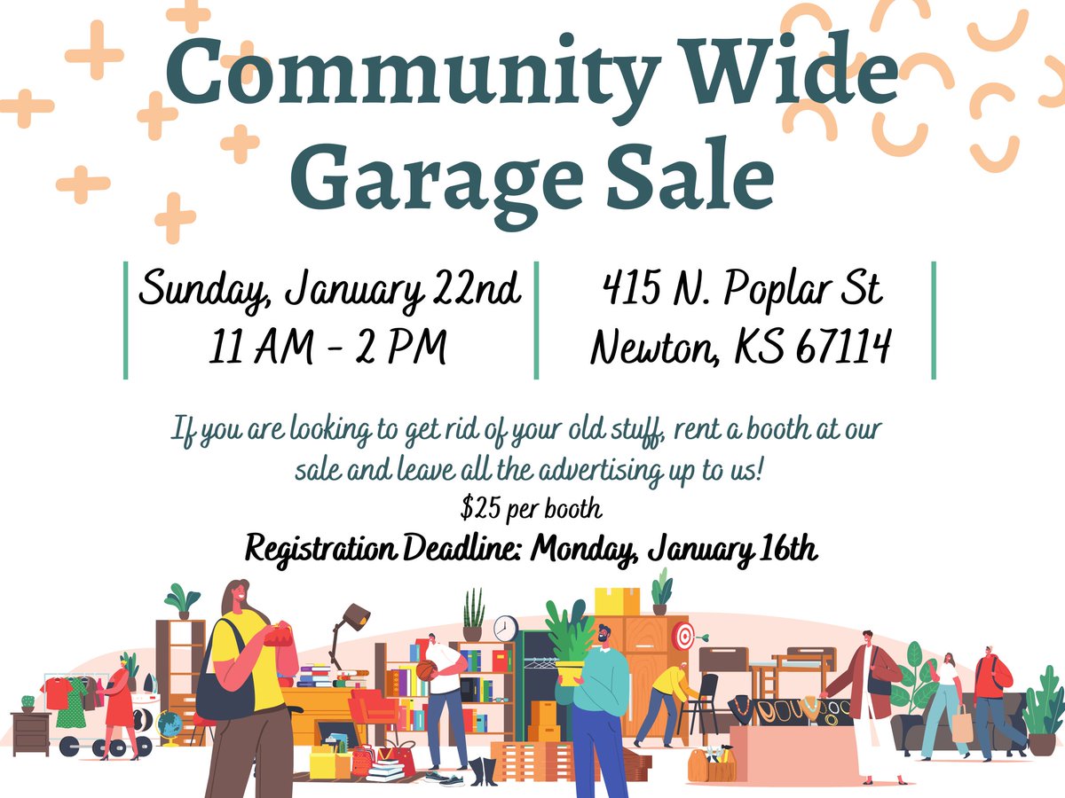 NewtonKSRec's tweet photo. Community Wide Garage Sale
Sunday, January 22nd
11 AM - 2 PM
Register for your booth today! https://t.co/Vb8Ax6Vtii