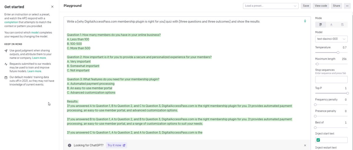 Building a quiz using OpenAI's playground (ChatGPT)